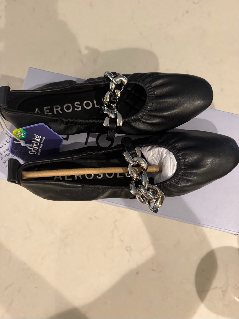 NWT AEROSOLES Black Chain-Accent Ballet Flats